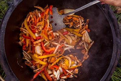 overhead shot og pot of vegetables cooking