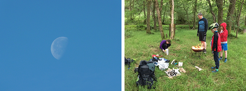 24 day old moon in the daytime and cyclists making fire in a wood