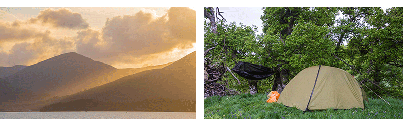 the sun glancing off a mountain and a hammock and tent